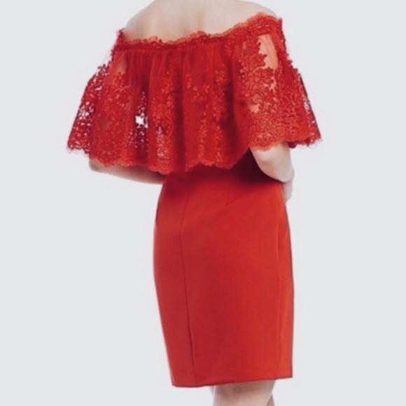 NWT Badgley Mischka Red Lace Off Shoulder Evening Dress Sz 6 - Picture 8 of 8